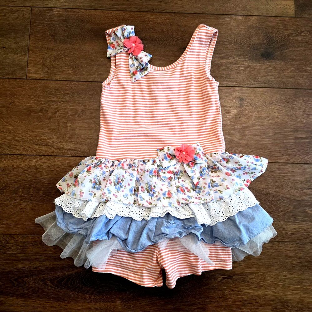 Bonnie Jean Shorts Dress Girls 6X Striped 1 pc Sleeveless Tiered Floral Bow